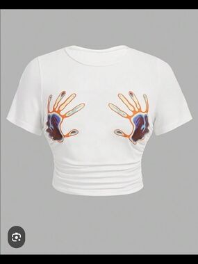 Shein Crop Tee with Colorful Handprint Motifs
